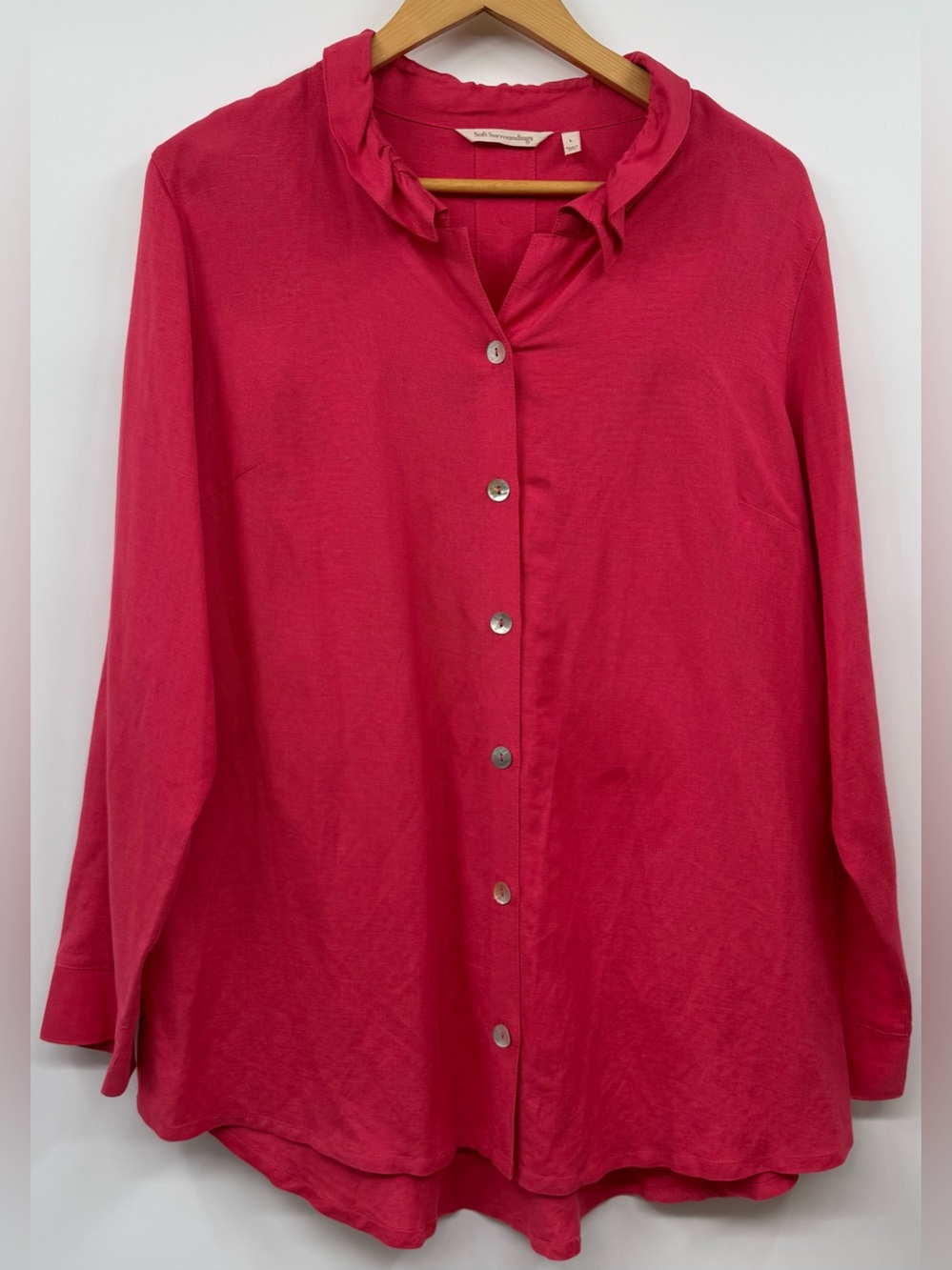 Soft Surroundings Galina Linen Blend Coral Button-Up Lagenlook Blouse Tunic LG